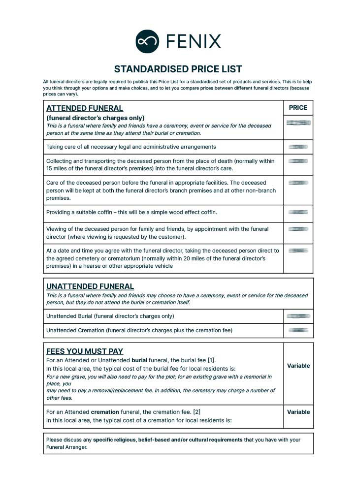 Standardised Price List Fenix Funeral Directors